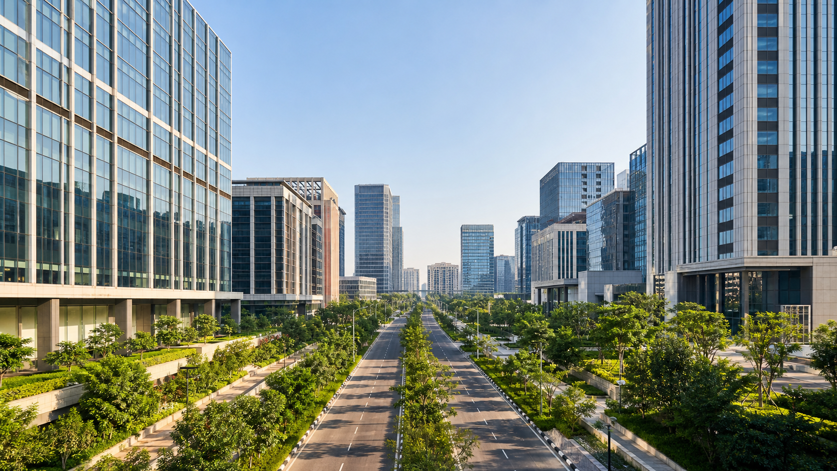 Modern landscaped business district skyline