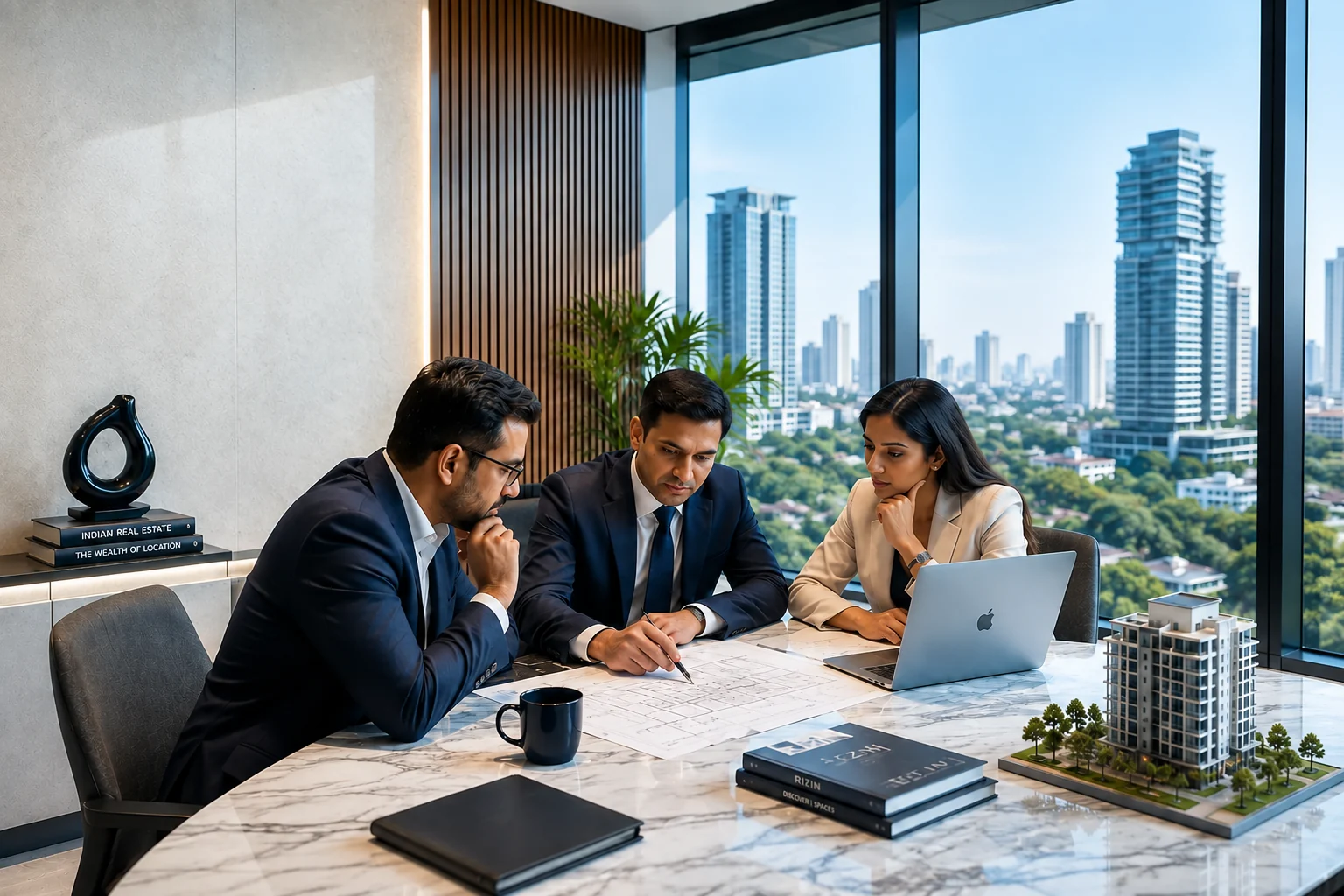 Real estate professionals reviewing architectural plans
